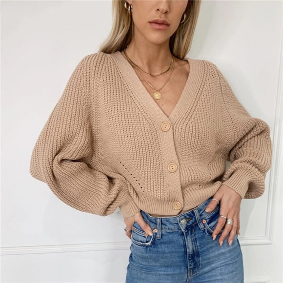 Tan Knit Button Front V-neck Cardigan - Picture 2 of 16